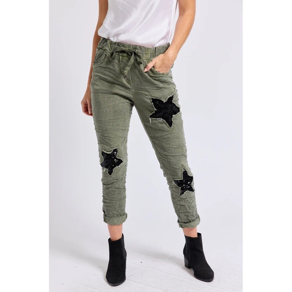 Jacqueline B Womens Green Acid Wash Star Sequin Pants SMALL Italian Streetwear